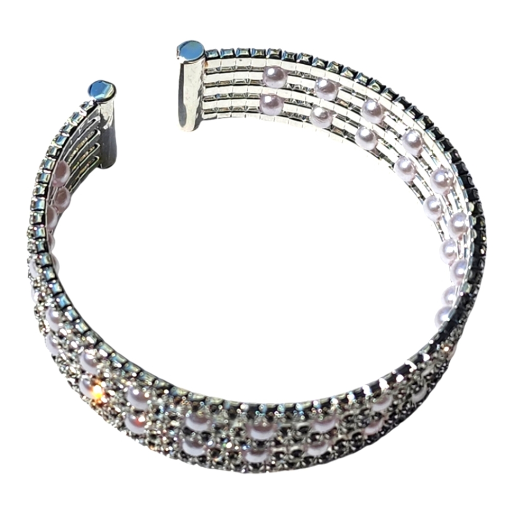 Women's 5 row Rhinestones with Faux White Pearl Bead Stretch Cuff Bangle - Picture 6 of 6